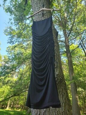 Princess Polly Sz US 6 Black Ruched Fitted Tank Dress Spaghetti Strap With Slit